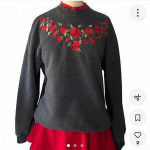 Vintage Black Sweater with Red Rose Embroidery